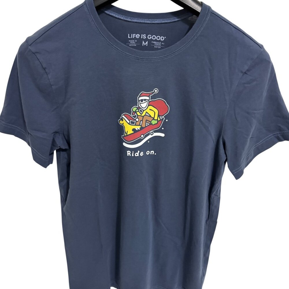 LIFE IS GOOD CHRISTMAS T SHIRT “Ride On” Sledding Blue Sise Medium